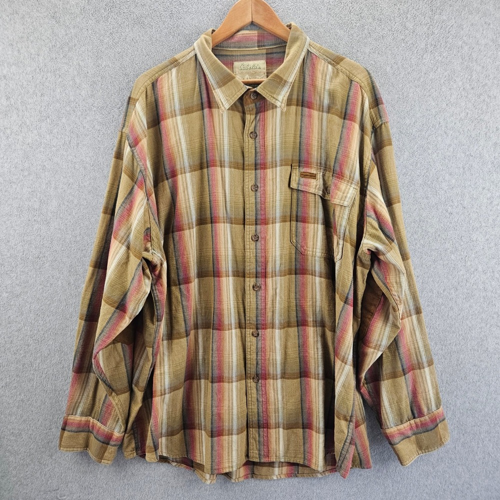 CABELAS Flannel Shirt Mens XL Tan Plaid Elbow Patch Outdoor Rugged Workwear